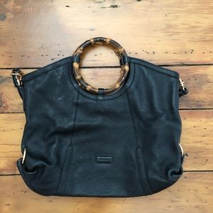 Black faux leather bamboo satchel